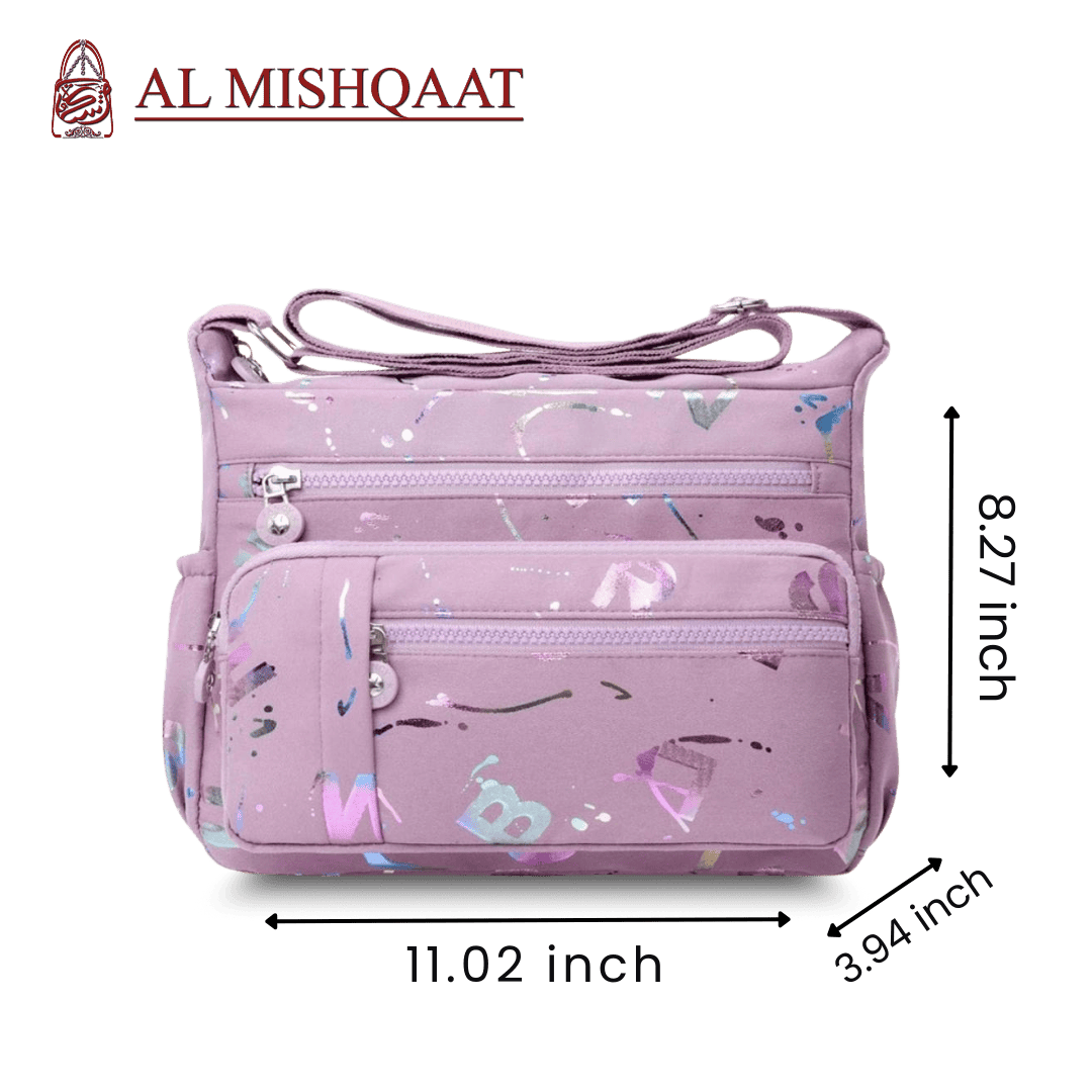 Large stylish crossbody alphabet bag in lavender with multicolor letter print, featuring multiple zippered compartments for fashion and versatility.