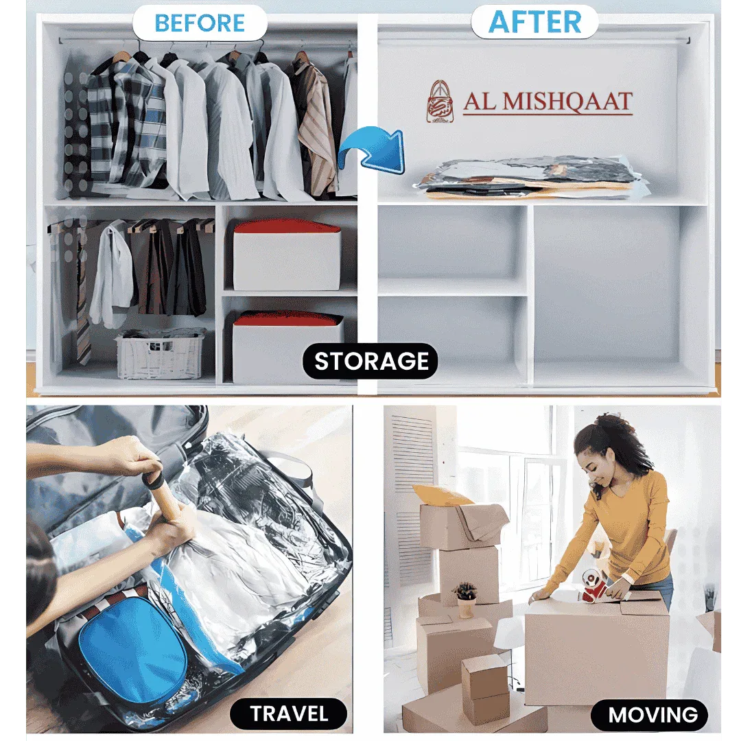 Vacuum storage bags showing organized shelves, travel packing, and moving activities.
before and after compression using vacuum storage bags