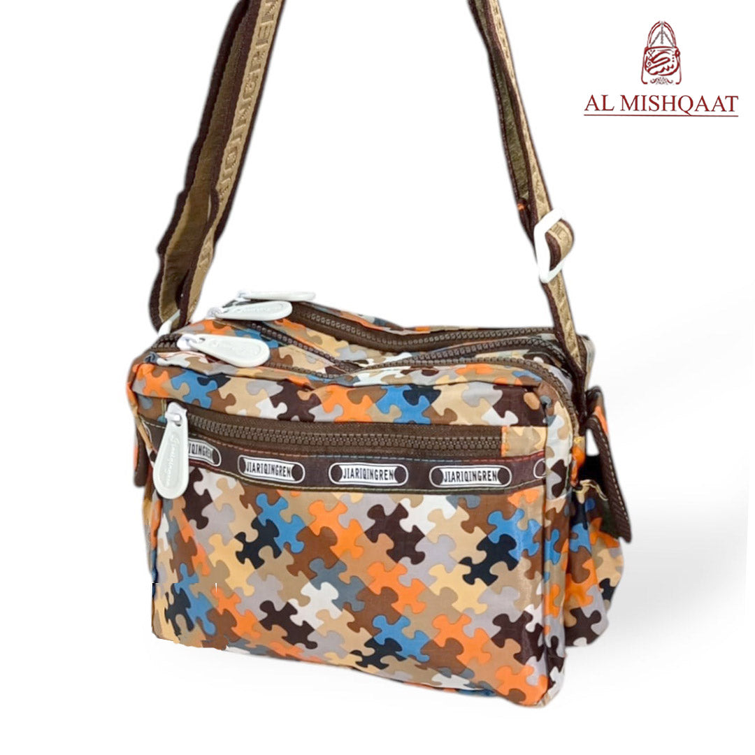 Brown puzzle triple zipper bag shoulder bag / crossbody bag