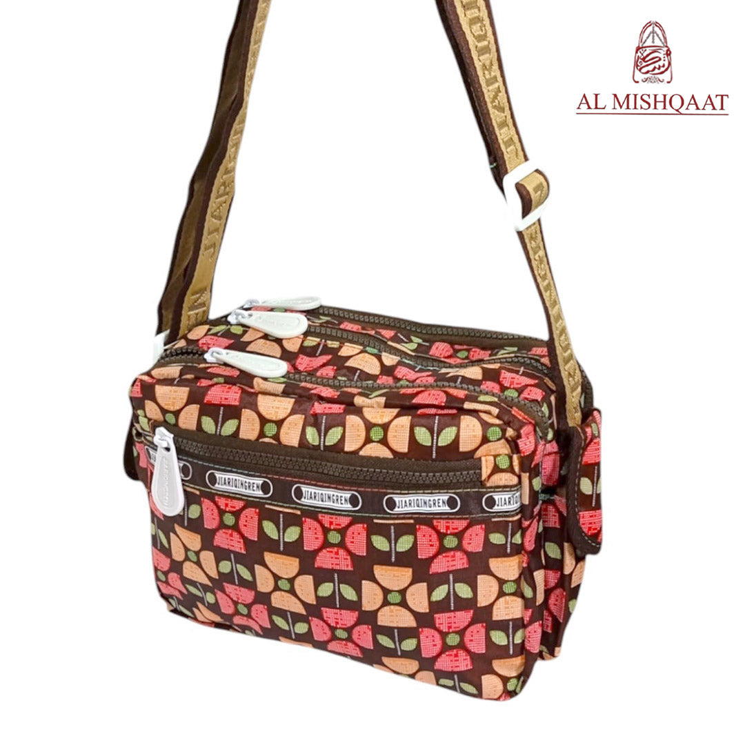 Checkered floral triple zipper bag shoulder bag / crossbody bag