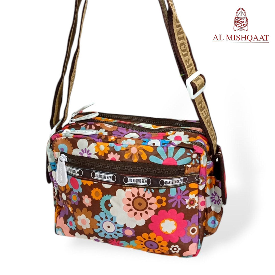 Brown Floral triple zipper bag shoulder bag / crossbody bag