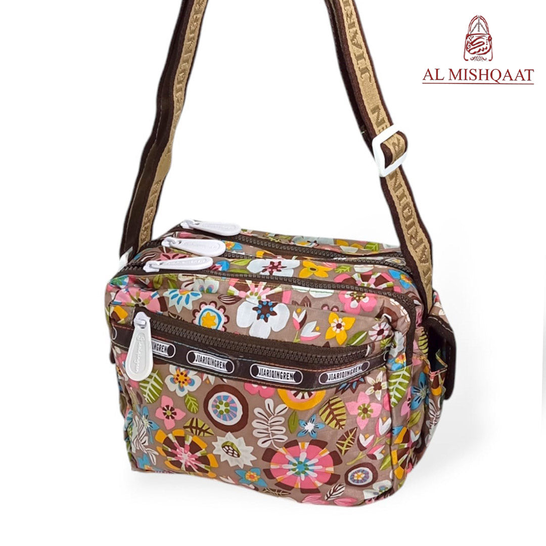 Light brown floral triple zipper bag shoulder bag / crossbody bag