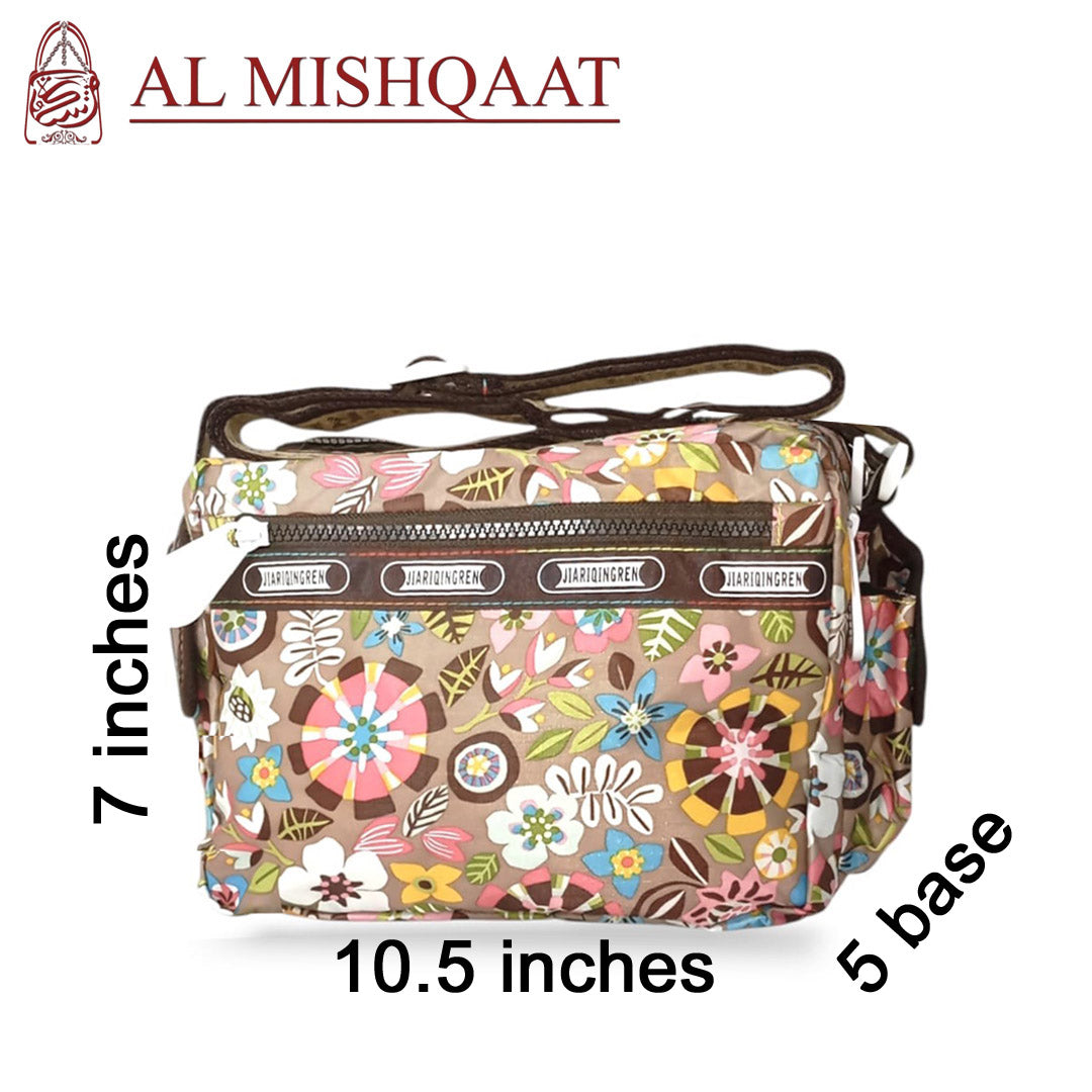 Light brown floral triple zipper bag light brown shoulder bag / crossbody bag