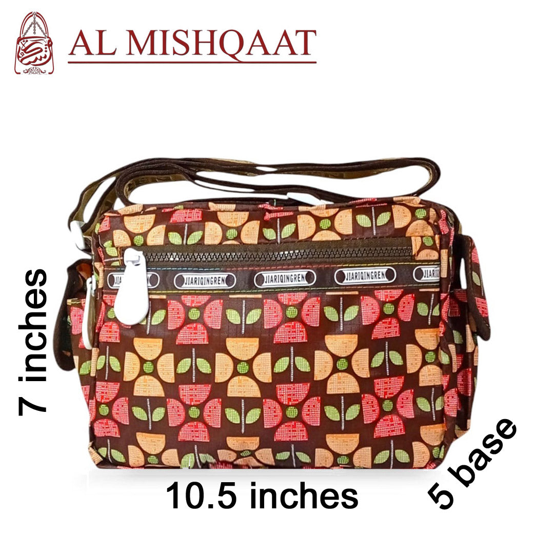 Checkered floral triple zipper bag Brown shoulder bag / crossbody bag