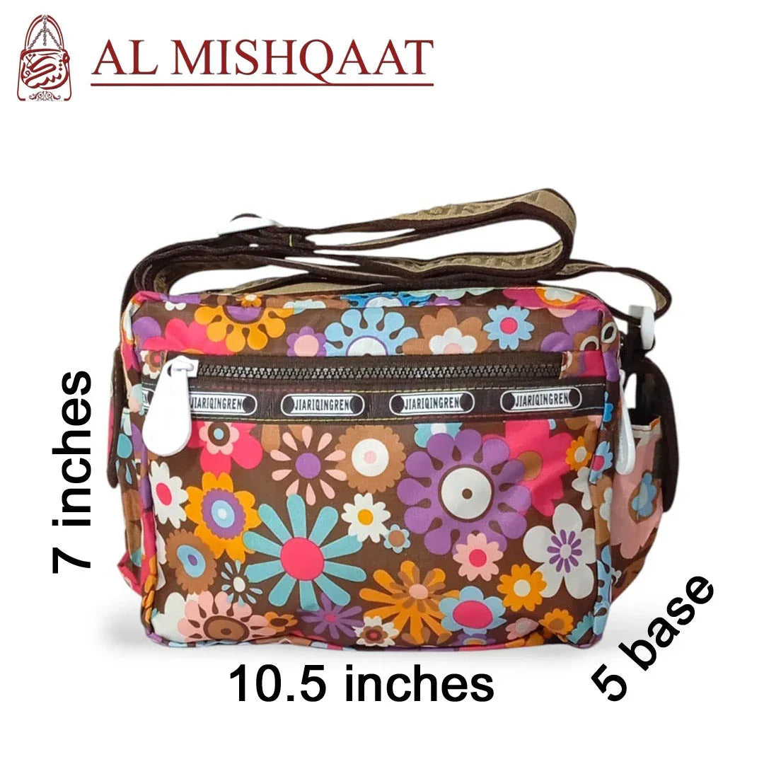 Brown Floral triple zipper bag Brown shoulder bag / crossbody bag