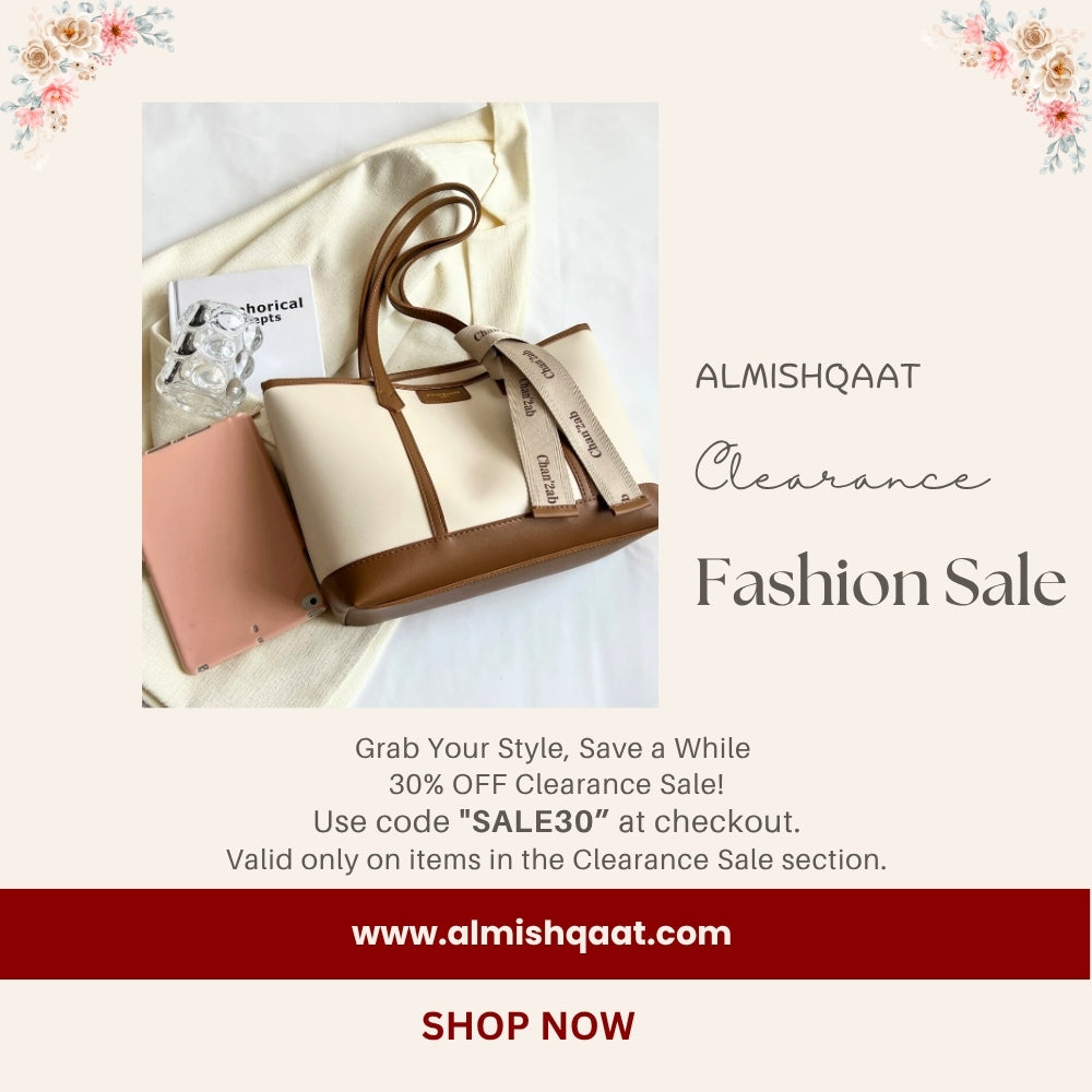 Clearance sale banner displaying ladies handbags, crossbody bags, and tote bags on discount