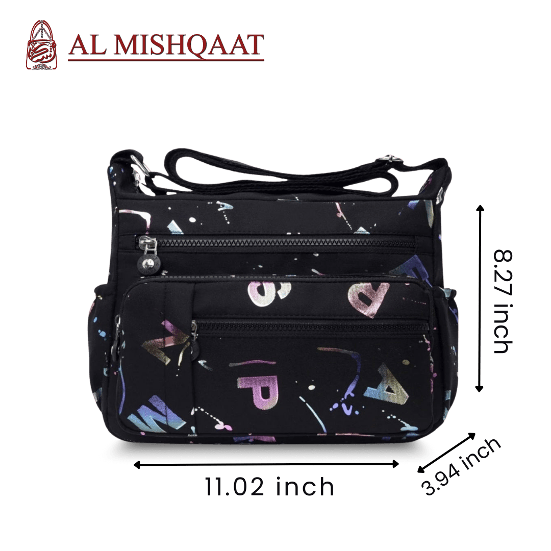 Black handbag with colorful patterns featuring the brand 'Al Mishqaat'.