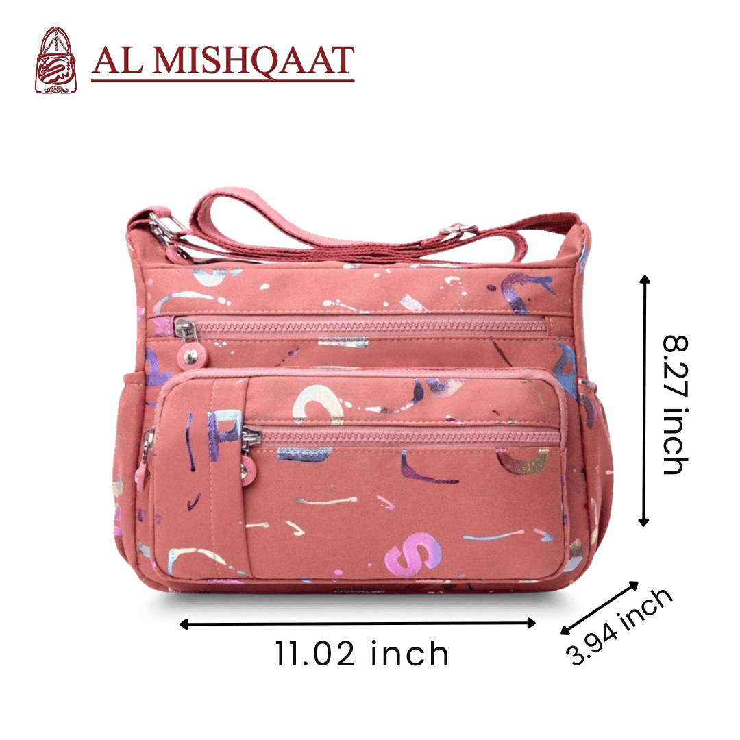 Large stylish crossbody alphabet bag in lavender with multicolor letter print, featuring multiple zippered compartments for fashion and versatility.
