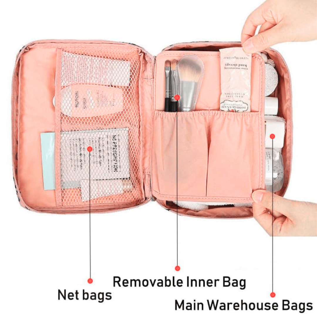 Pink travel organizer with cosmetic items