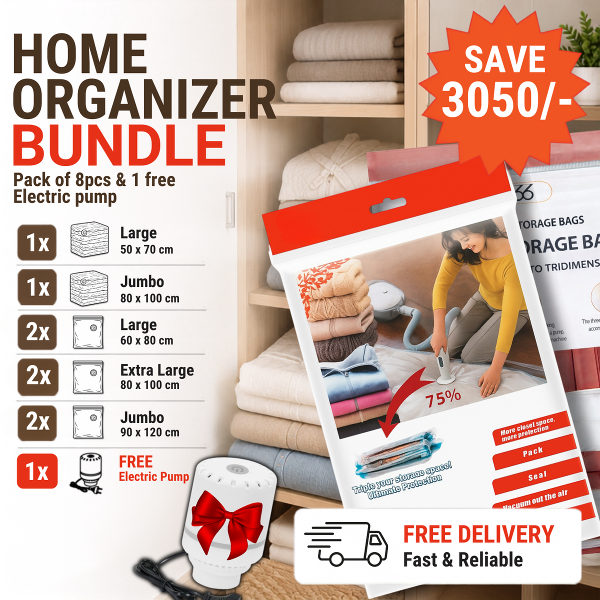 Vacuum Bags, home organizer bundle, storage bags, vacuum storage bags bundle