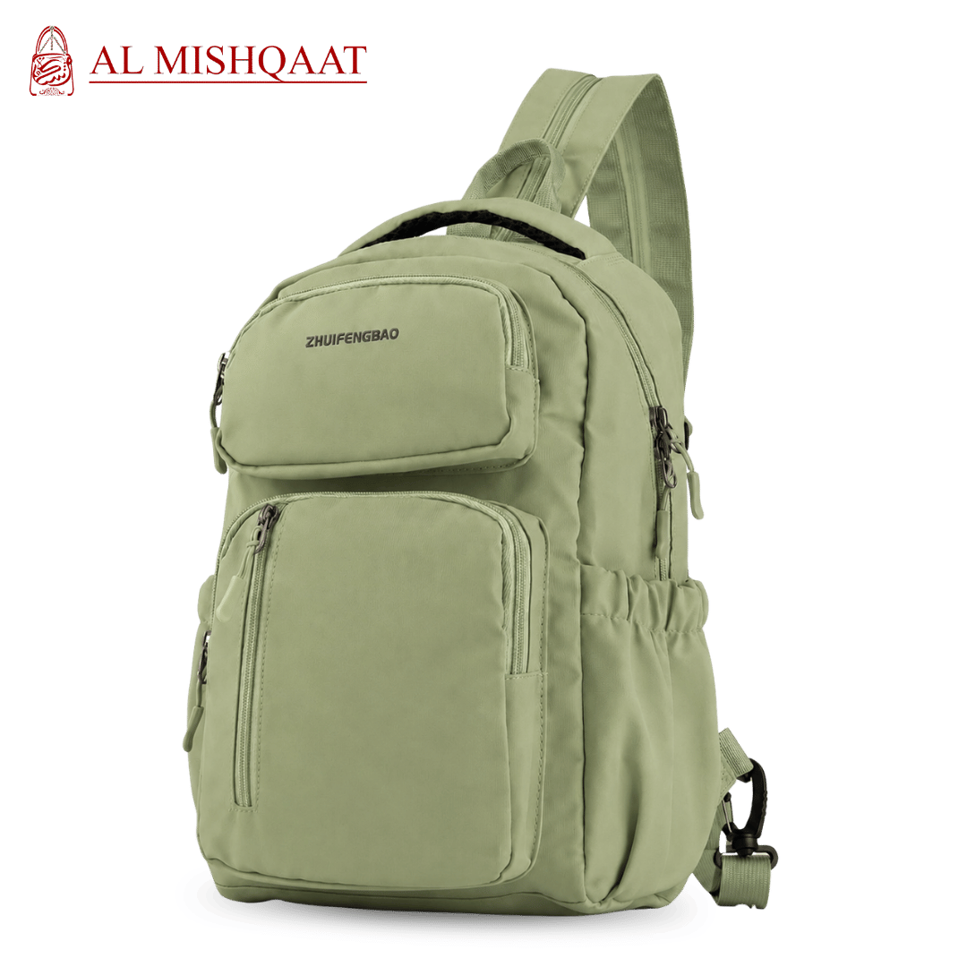 Green backpack with multiple pocket