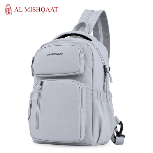Gray backpack with multiple pockets 