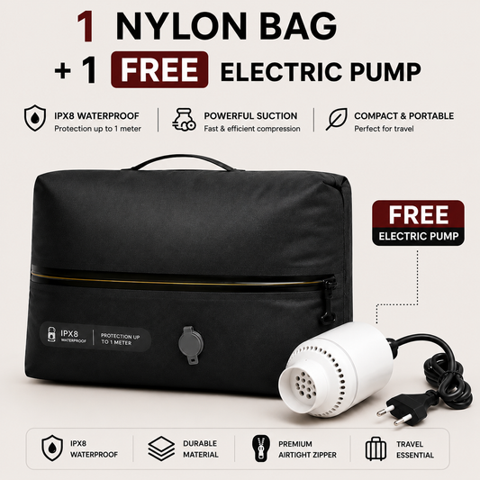 Black nylon vacuum travel bag with a top handle and zippered pocket, shown alongside a white electric pump IPX8 waterproof, powerful suction, and compact portability 