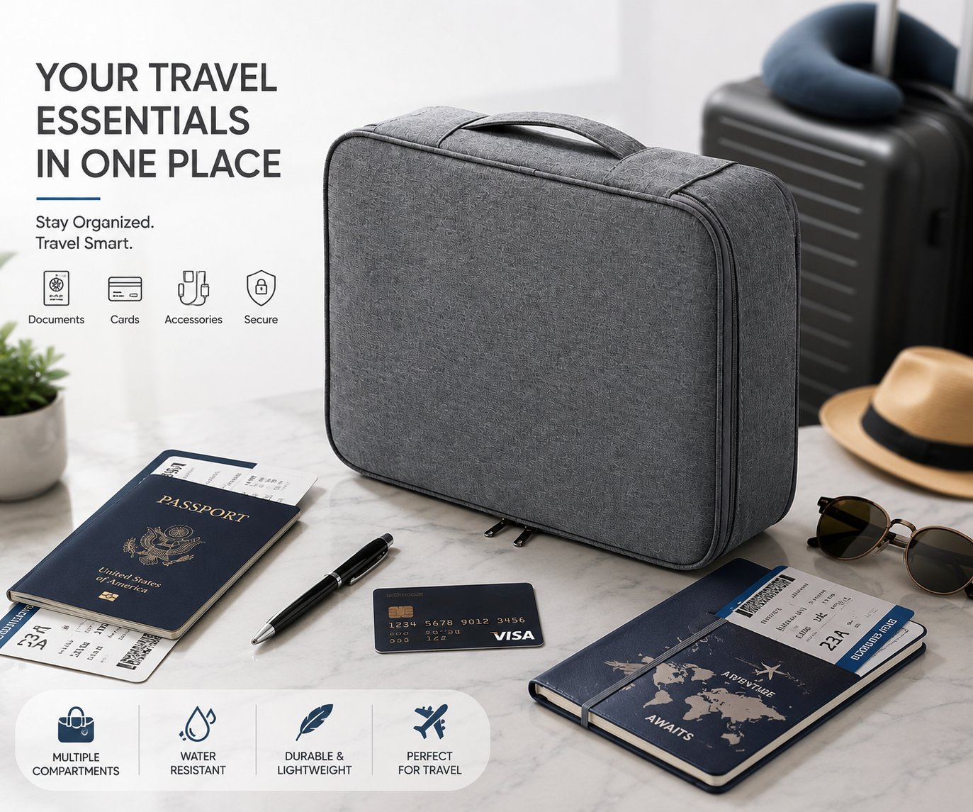 Grey Travel Document Organizer Storage Bag