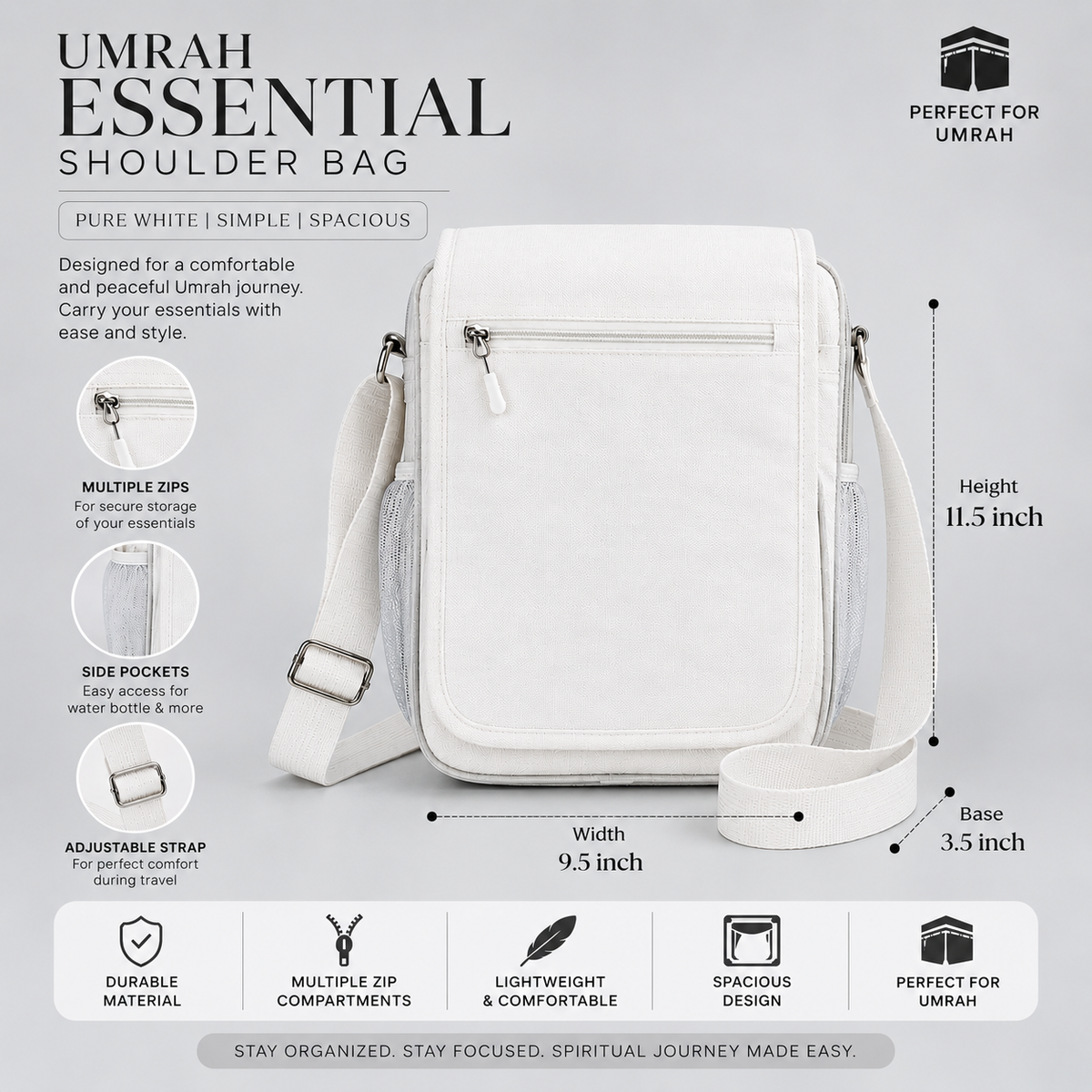 White Umrah Shoulder Bag | Spacious Multi-Zip Travel Bag for Hajj & Umrah