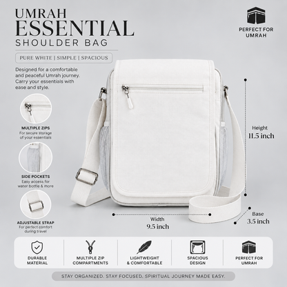 White Umrah Shoulder Bag | Spacious Multi-Zip Travel Bag for Hajj & Umrah