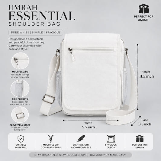 White Umrah Shoulder Bag | Spacious Multi-Zip Travel Bag for Hajj & Umrah
