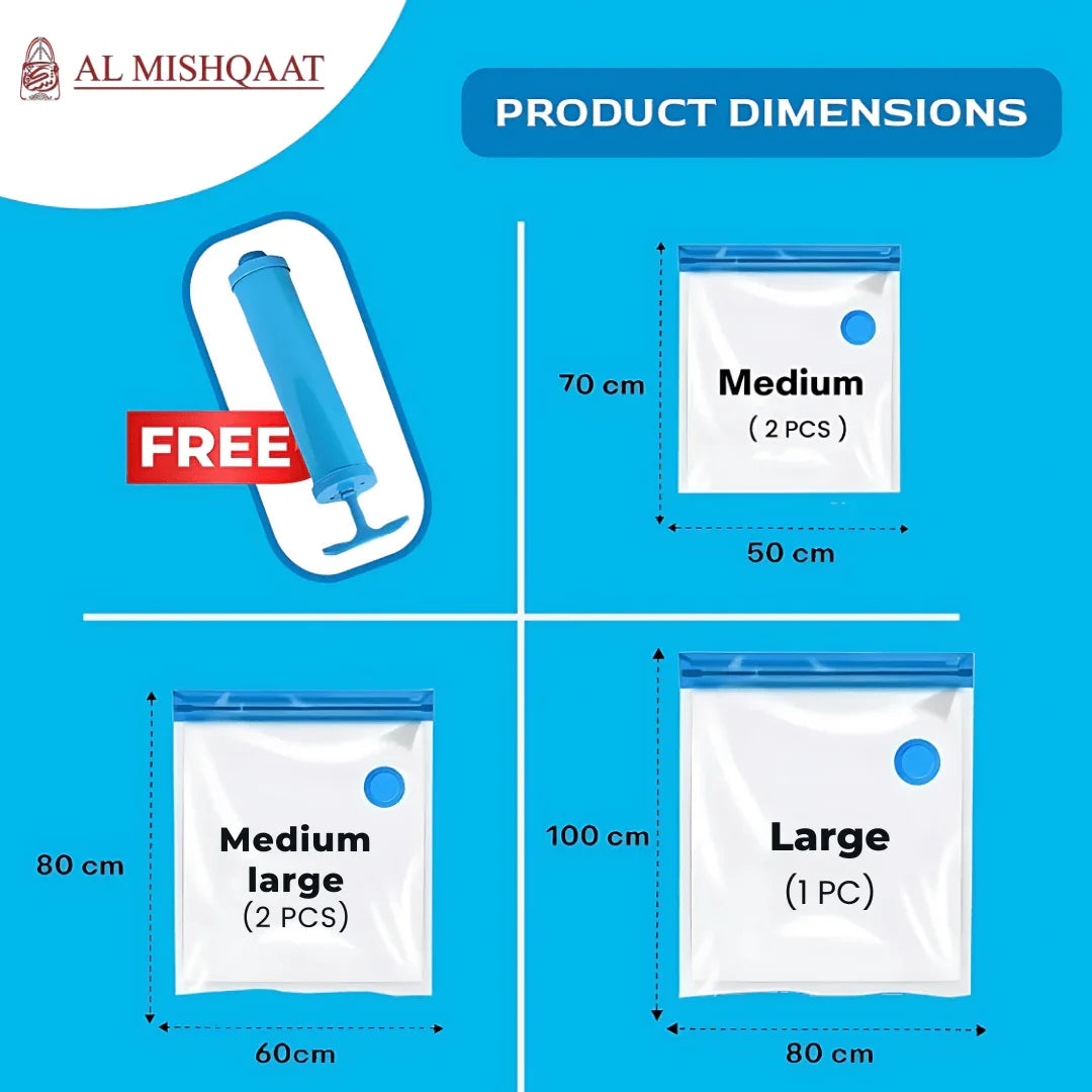 six piece vacuum storage bags set showing different sizes for packing