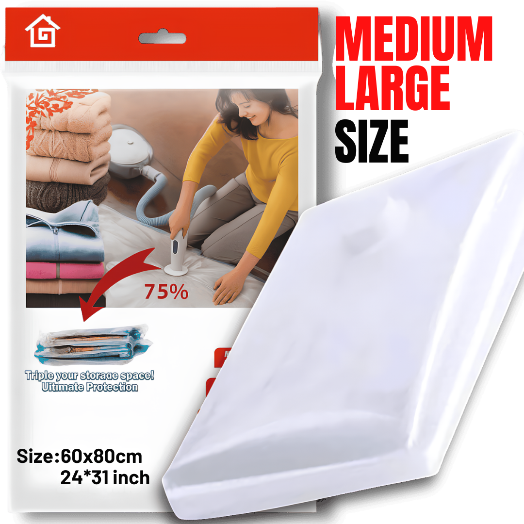 A large white plastic garment or blanket storage bag shown prominently in the foreground, with retail packaging and promotional text behind it. The package includes a photo of a woman steaming folded clothes, text reading 'MEDIUM LARGE SIZE,' size information '60x80cm 24*31 inch,' and product claims.