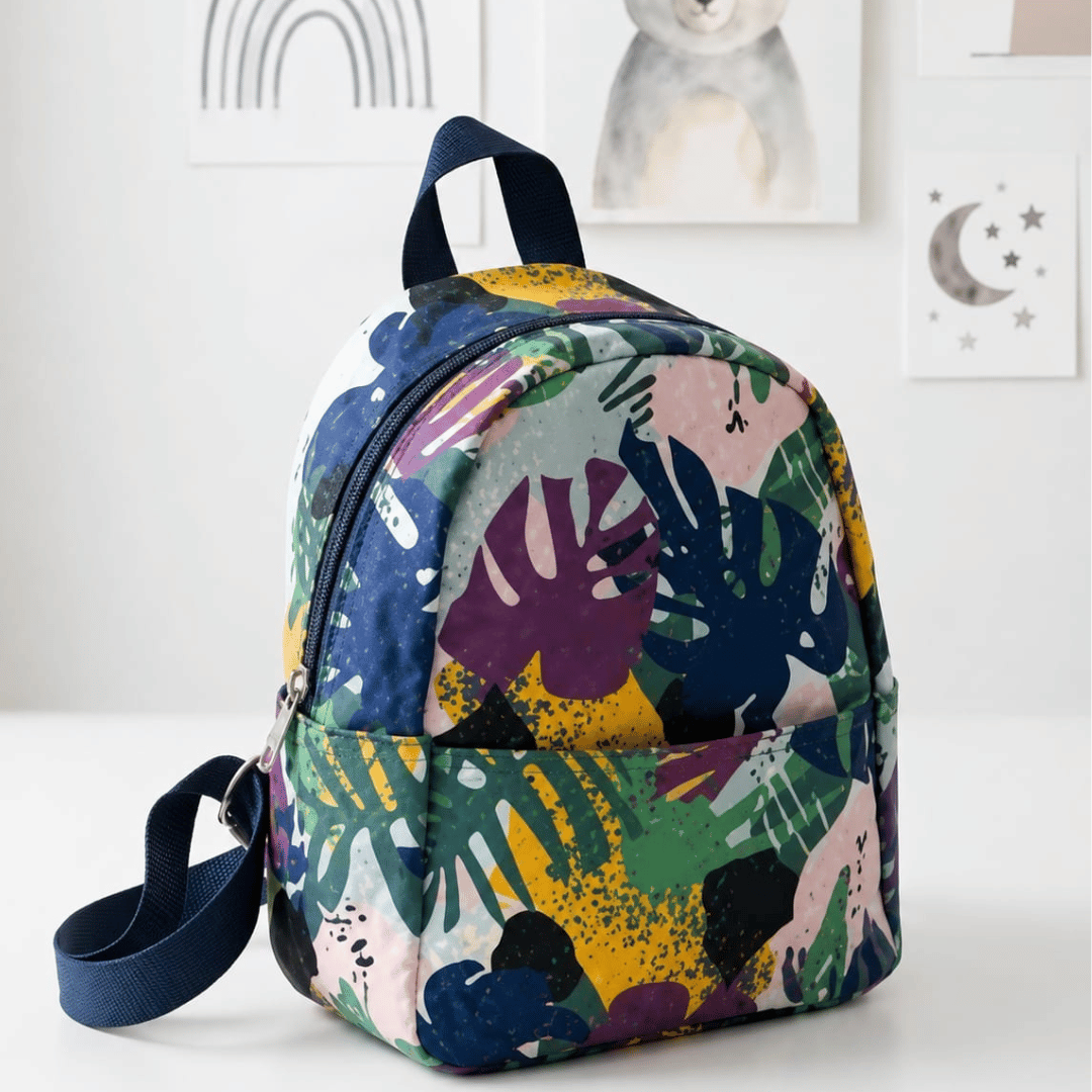 Multicolor small Backpack perfect for travel with abstract design on a white background
