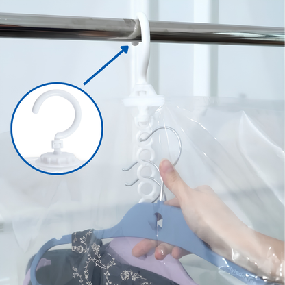 A clear plastic garment bag hanging from a white hook on a metal rod, with a hand holding a blue hanger inside. A circular inset shows the hook detail.