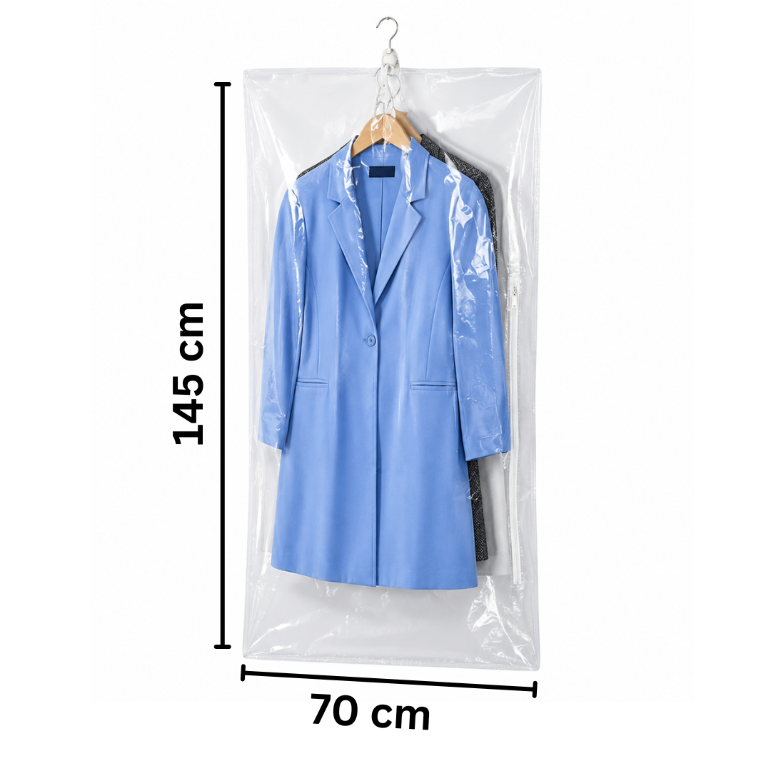 A clear plastic garment hanging bag shown on a hanger with a light blue coat inside, with dimension labels indicating 145 cm height and 70 cm width on a white background.