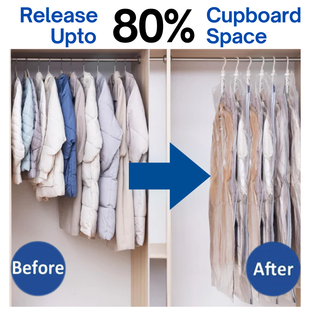 Before-and-after comparison graphic showing a closet organization solution. The left side, labeled 'Before,' shows several puffer jackets and coats hanging in a wardrobe.