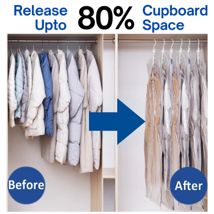 Before-and-after comparison graphic showing a closet organization solution. The left side, labeled 'Before,' shows several puffer jackets and coats hanging in a wardrobe.