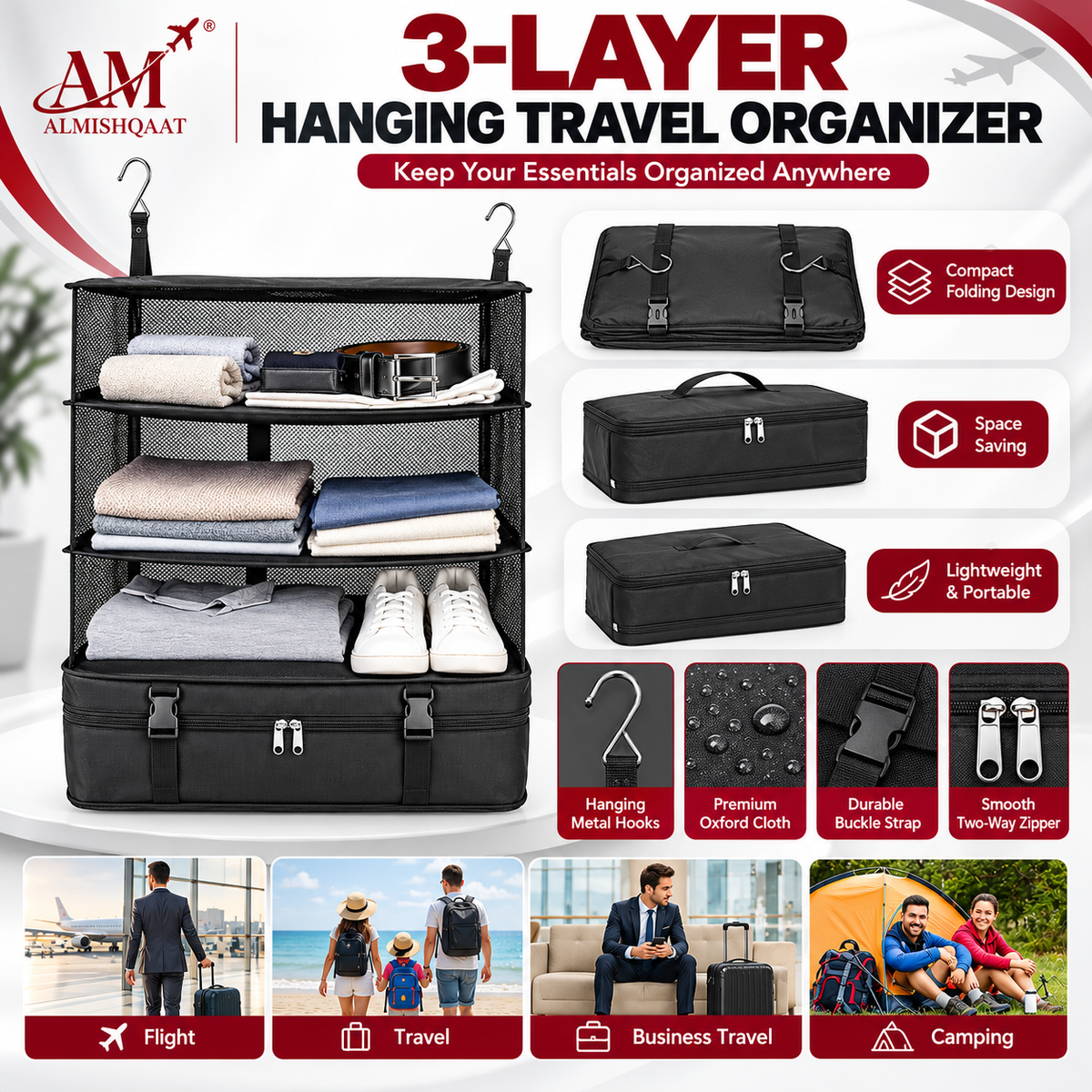 Foldable 3-Layer Multi-Functional Hanging Travel Organizer Bag