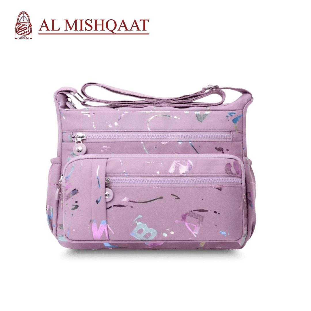 Large stylish crossbody alphabet bag in lavender with multicolor letter print, featuring multiple zippered compartments for fashion and versatility.
