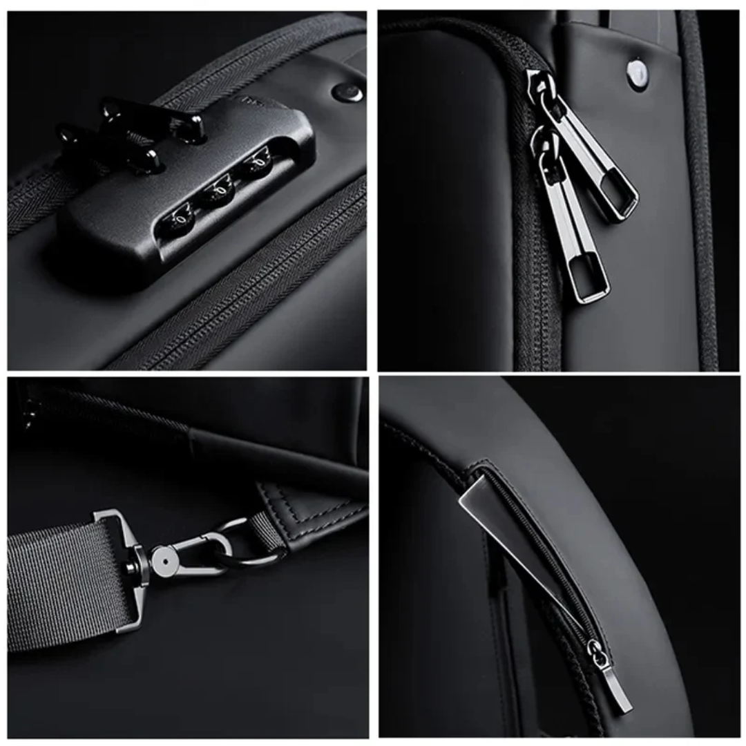 Collage of close-up details of a black sling bag including zippers, handle, and strap.