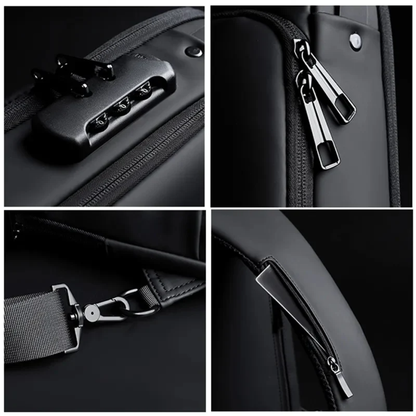 Collage of close-up details of a black sling bag including zippers, handle, and strap.