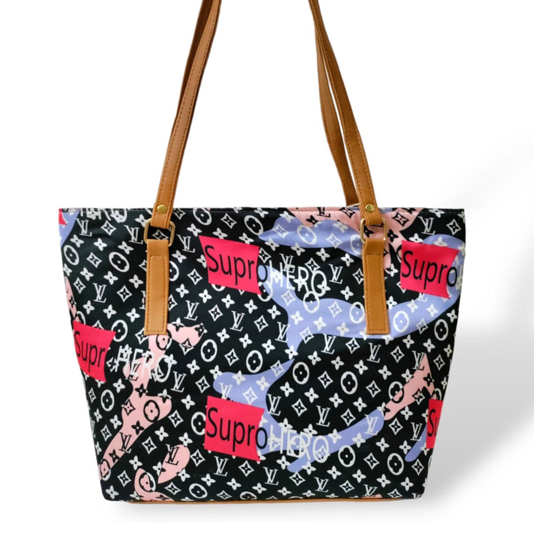 Stylish deluxe printed tote bag black 2 tote bags