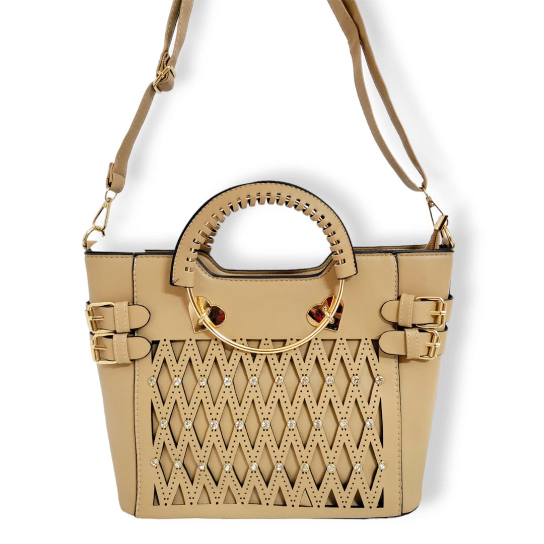 Elegant stylish crystal studded hand / shoulder bag Beige hand/shoulder bags