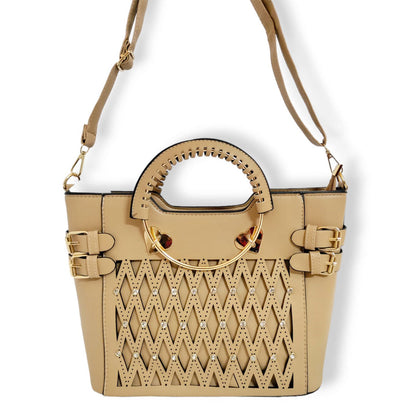 Elegant stylish crystal studded hand / shoulder bag Beige hand/shoulder bags