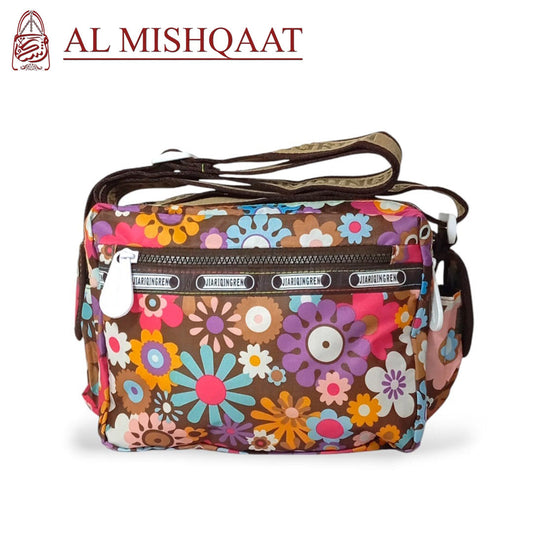 Brown Floral triple zipper bag shoulder bag / crossbody bag