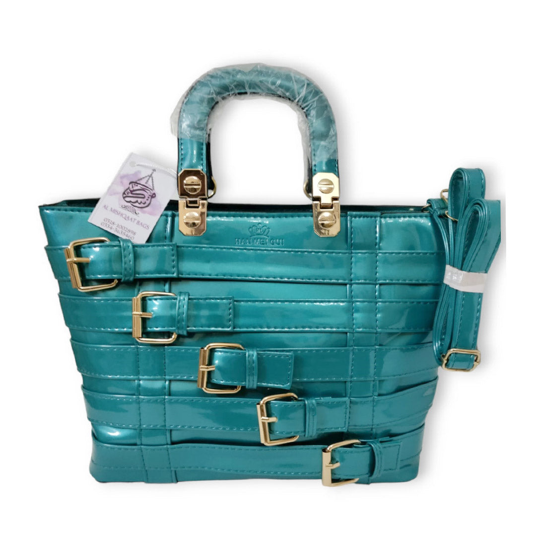 Artificial metallic belts hand / shoulder bag cyan hand/shoulder bags