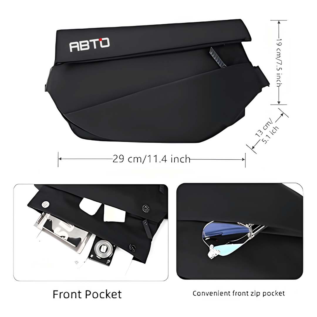 Black ABTO bag with measurements and features on a white background