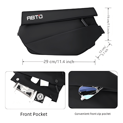 Black ABTO bag with measurements and features on a white background