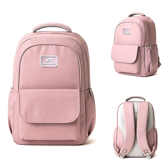 Pink backpack with a visible brand logo on a white background