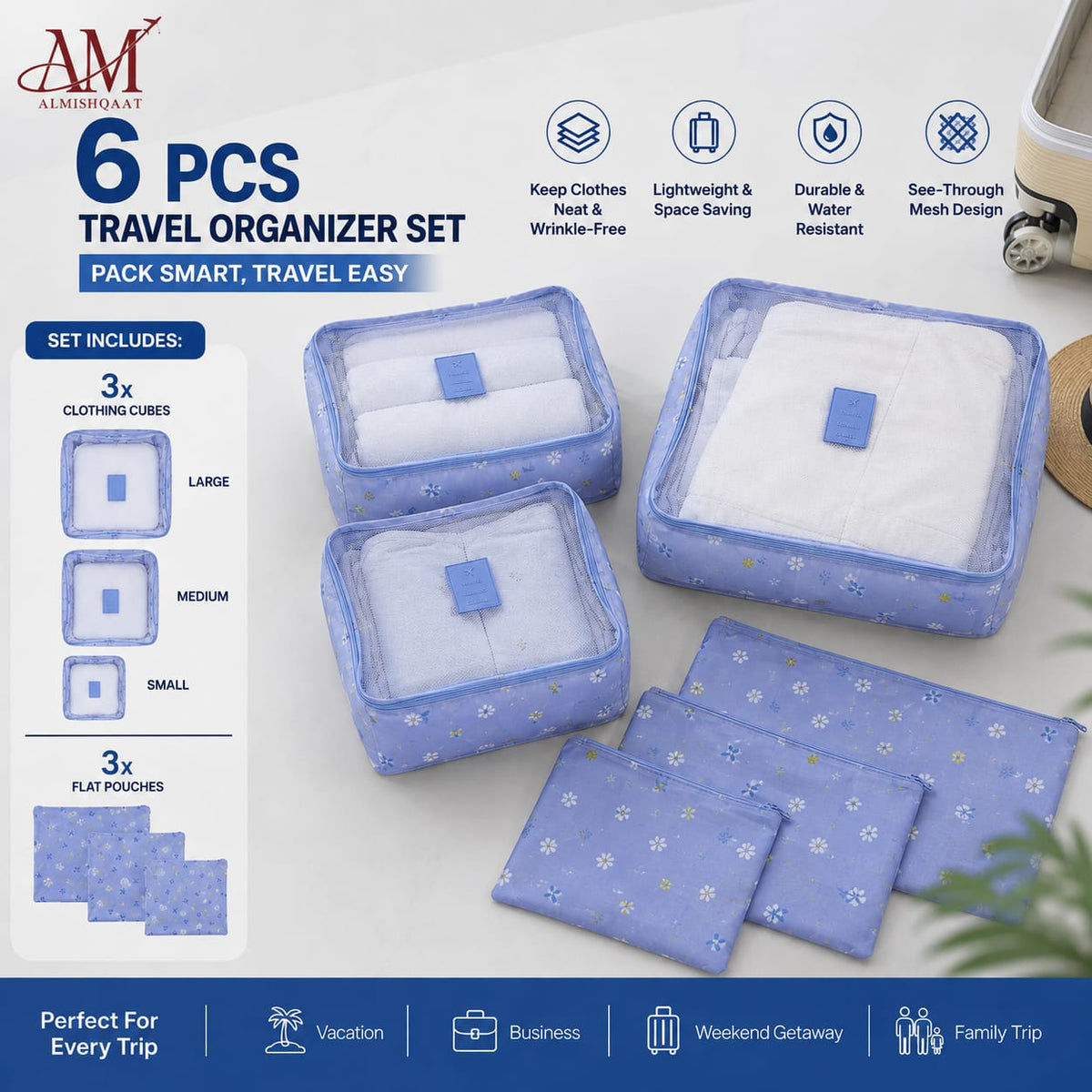 6 PCS Travel Organizer Packing Cube Set – Cubes & Flat Pouches