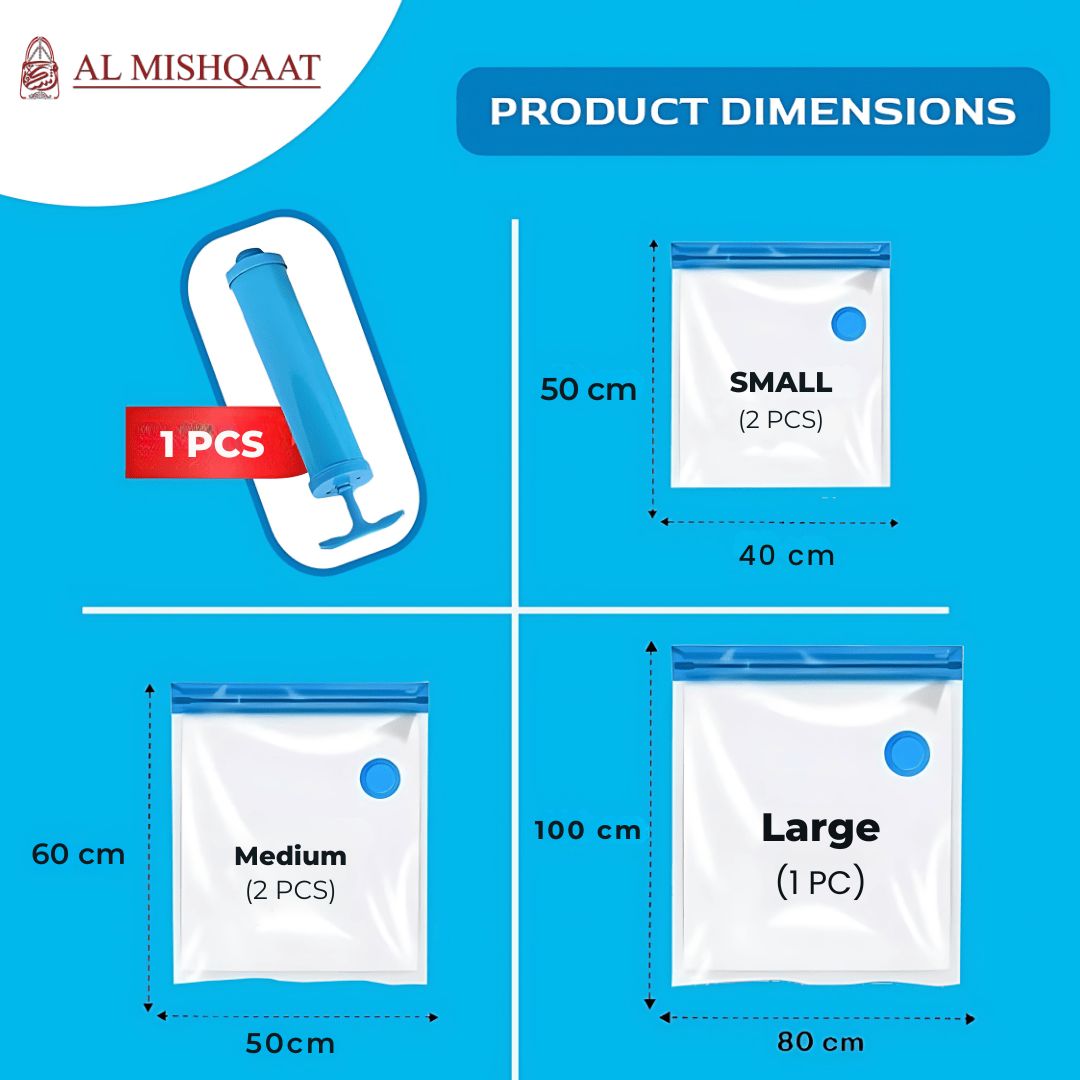 Product dimensions chart for vacuum storage bags 